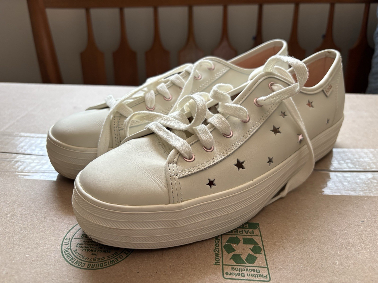Keds Women’s Off-White Leather Low Top Triple Decker Sneakers w/ Star Cut Outs