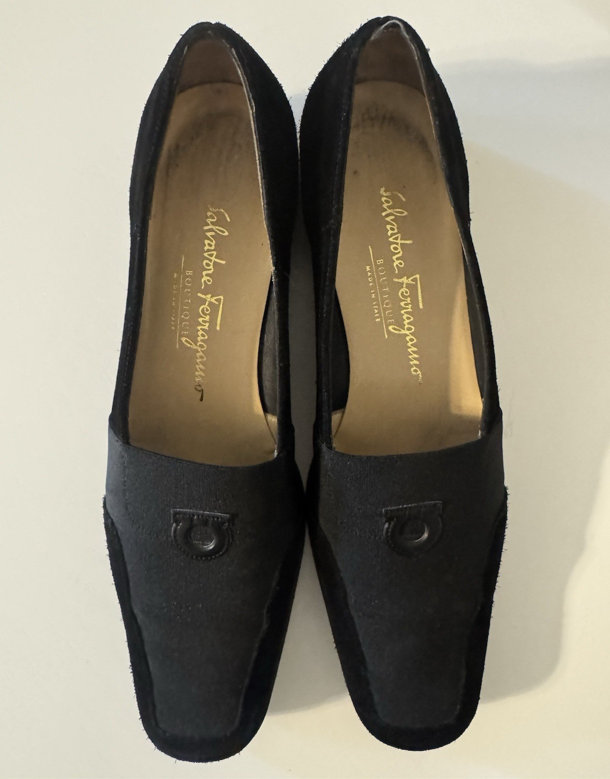 Salvatore Ferragamo Women’s 7 Black Suede Loafer Flats Square Toe Logo Slip-On