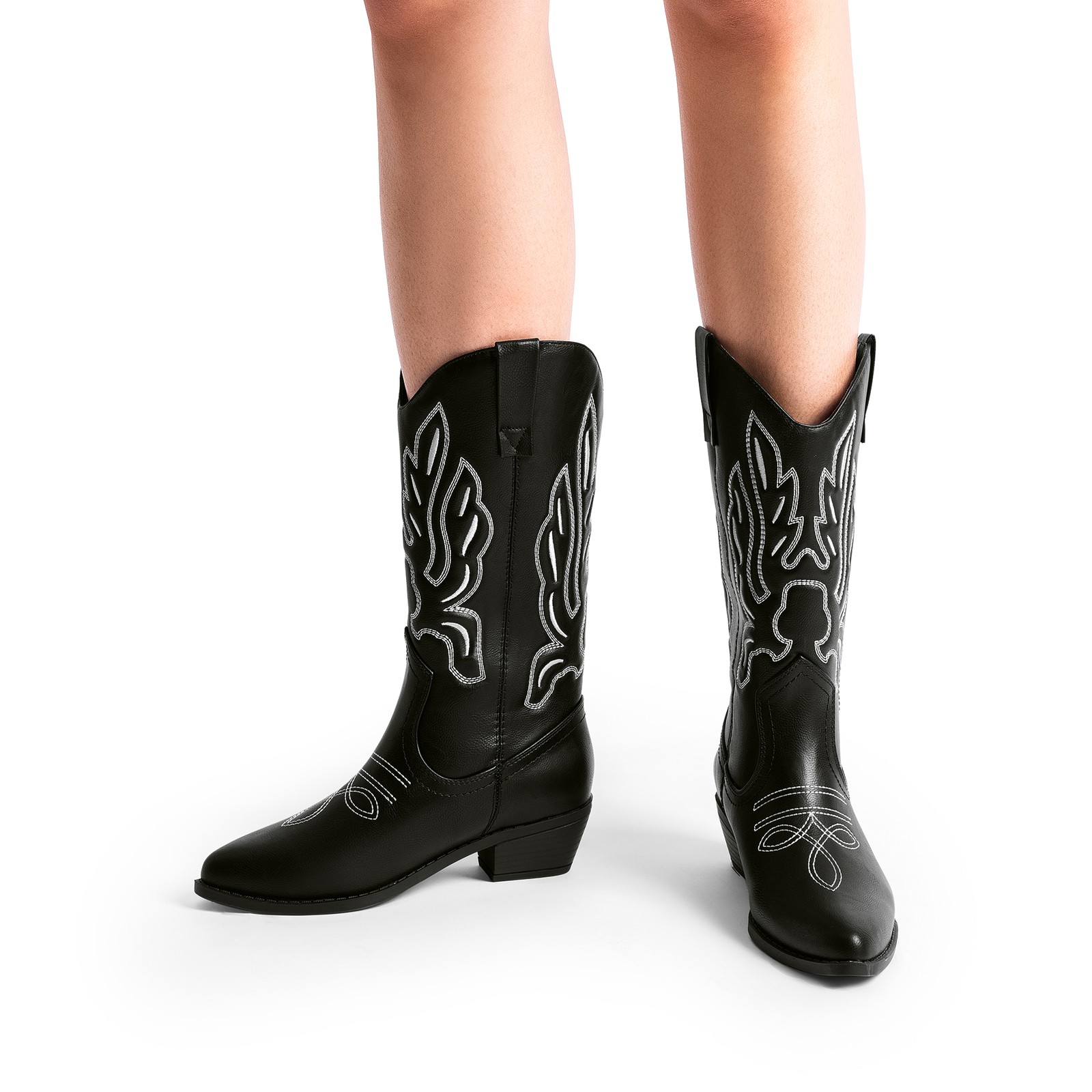 Women Cowboy Boots Mid Calf Cowgirl Boots Embroidery Stitched Western Boots NEW