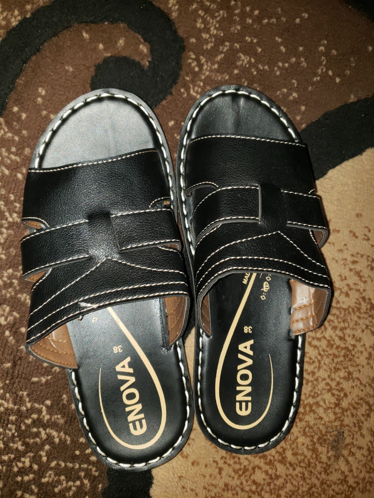 ENOVA Women’s Black Slide Sandals Slip-On Open Toe Flat Stitched Solid EU 38