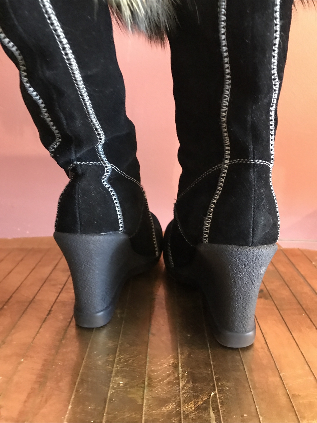 Handmade GORGEOUS BLACK SUEDE & FOX NATURAL FUR wedge BOOTS sz US 7.0