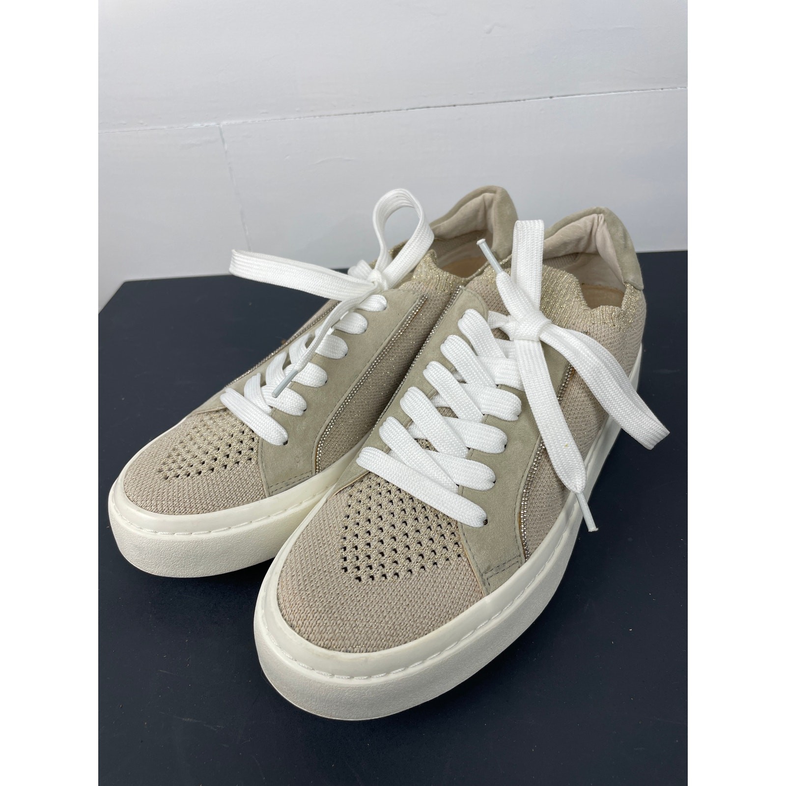 VANELi Sport Yaqira Metallic Knit/Suede Platform Sneakers Light Taupe Sz 7M NWOB