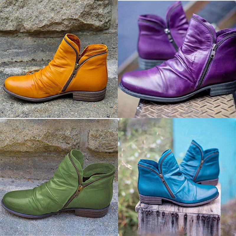 Women’s Casual Thick Heel Flates Round Toe Short Boots Set Zipper Casual Shoes