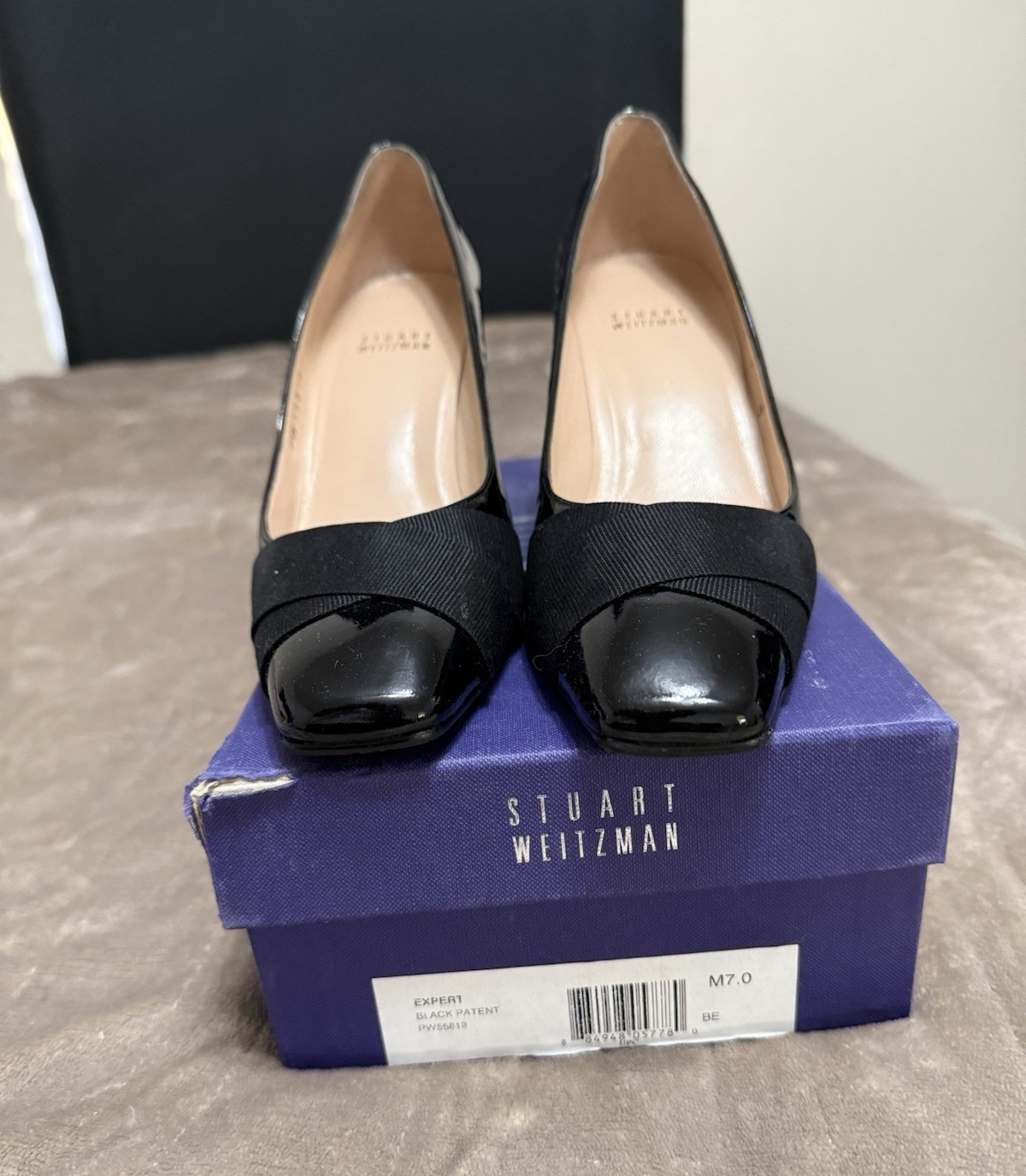Stuart Weitzman Black Patent Leather Square Toe Block Heel Pumps US 7
