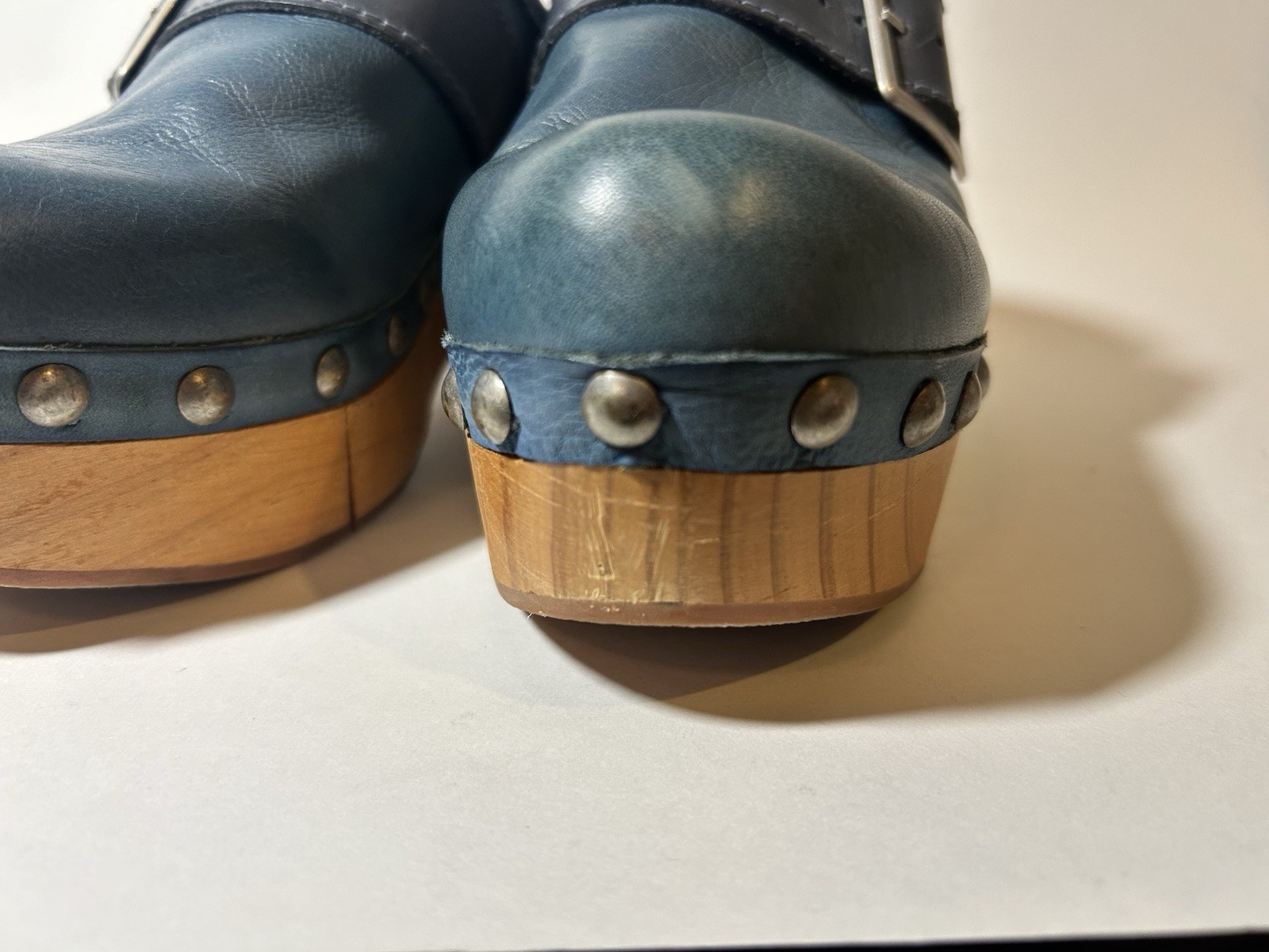 Free People Culver City Clogs Teal Blue Leather Wood Platform Buckle Studded 9