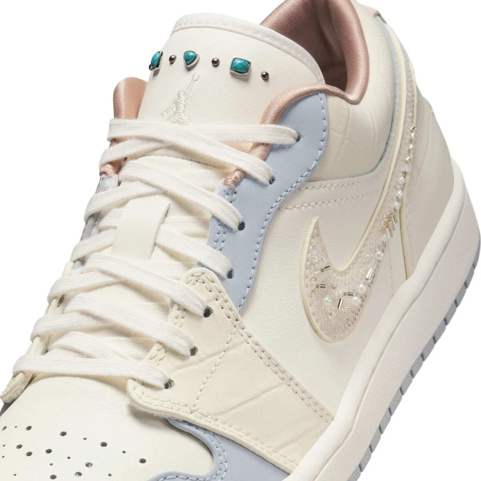 Nike Air Jordan 1 Low IH7323-100 Cream Light Blue Crystal Rhinestone Swoosh Low