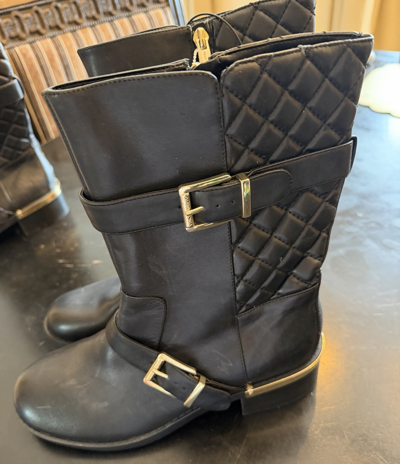 Vince Camuto Women’s Black Leather Mid-Calf Biker Boots, Quilted, Zip, US 8M