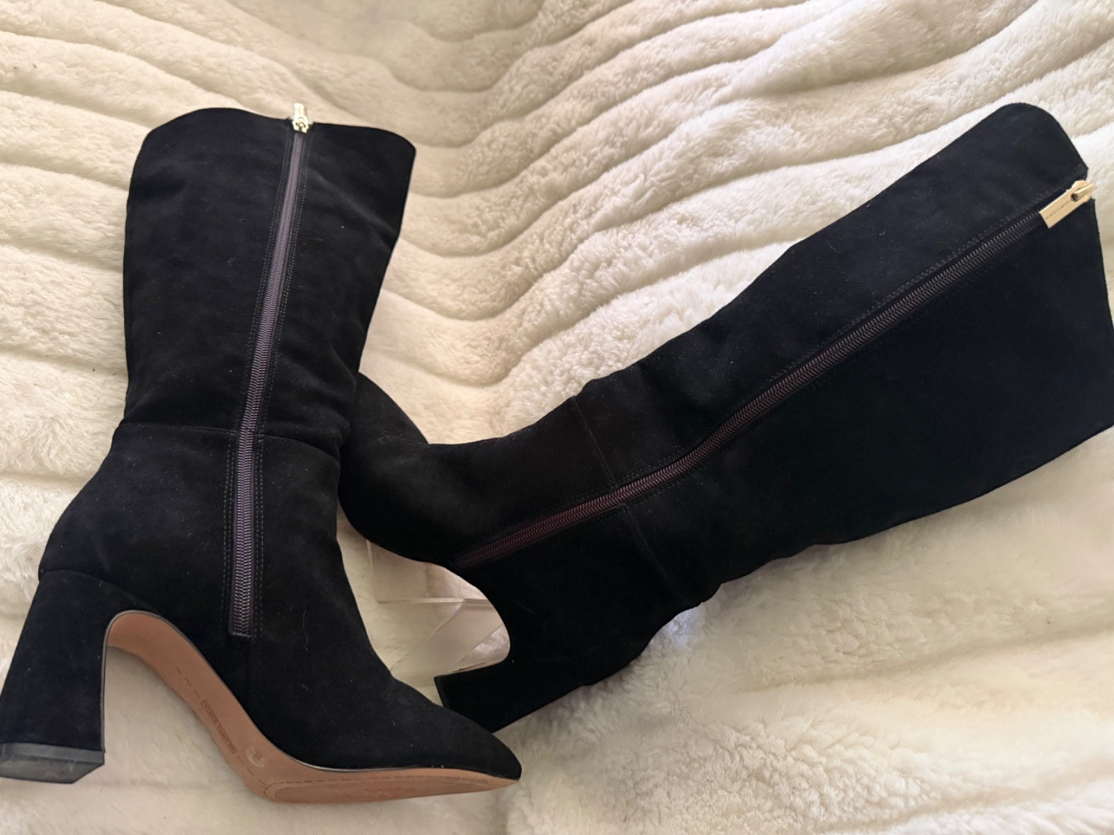 VINCE CAMUTO SIZE 9.5 Black Suede Covered Heel Side Zip Dress Boot Knee High