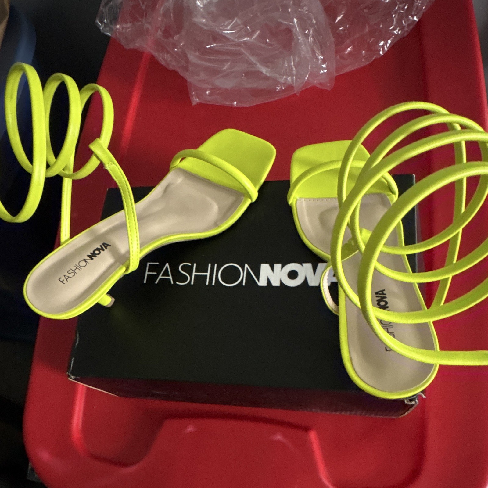 Fashion Nova Lime PU Strappy Ankle Wrap Strap Square Toe Stiletto Heel 7.5