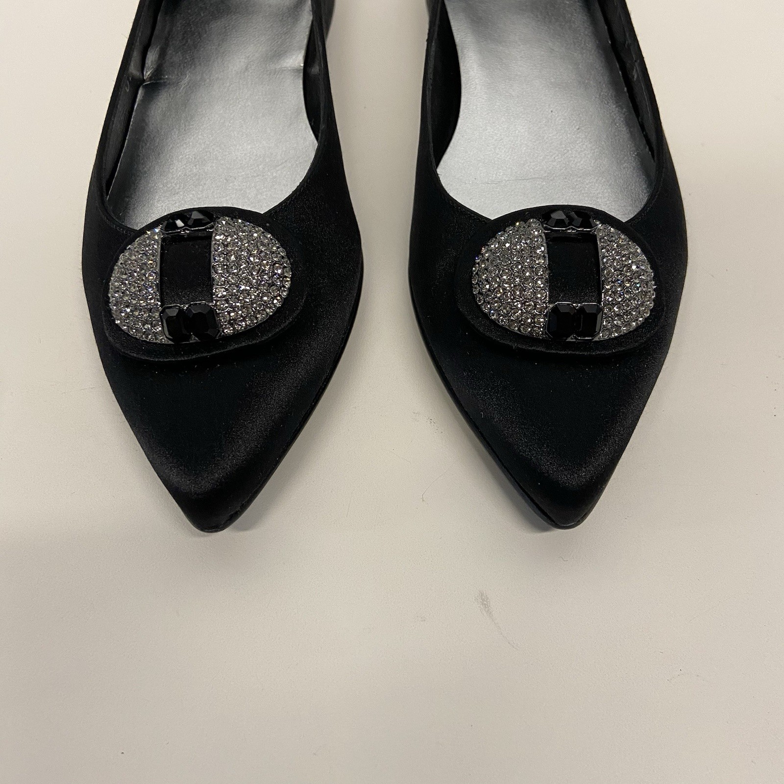 VTG 90s Stuart Weitzman Black Satin Pointed Toe Rhinestone Dress Flats 7 N