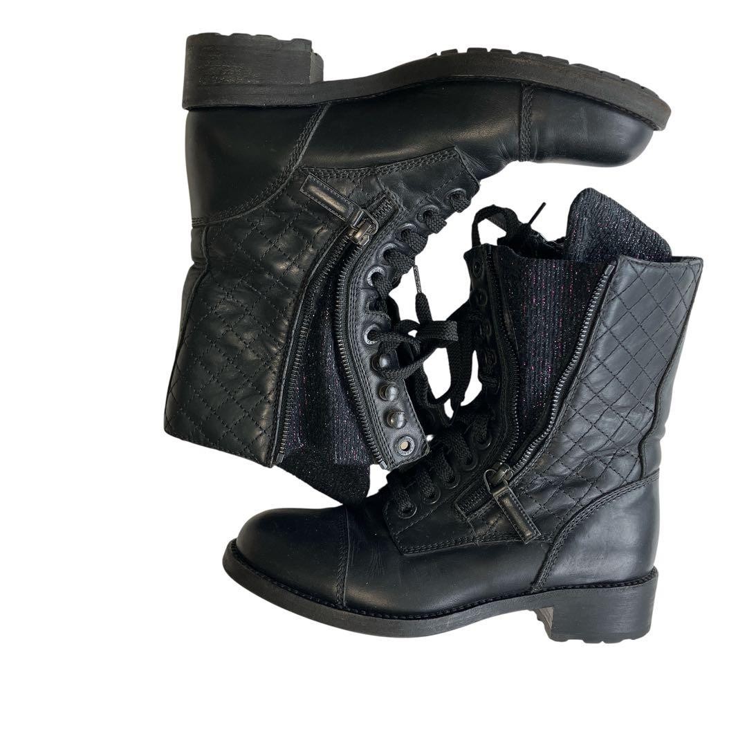 CHANEL Lace Up Boots Womens Black Leather Quilted CC Logo CombatZip US 6.5