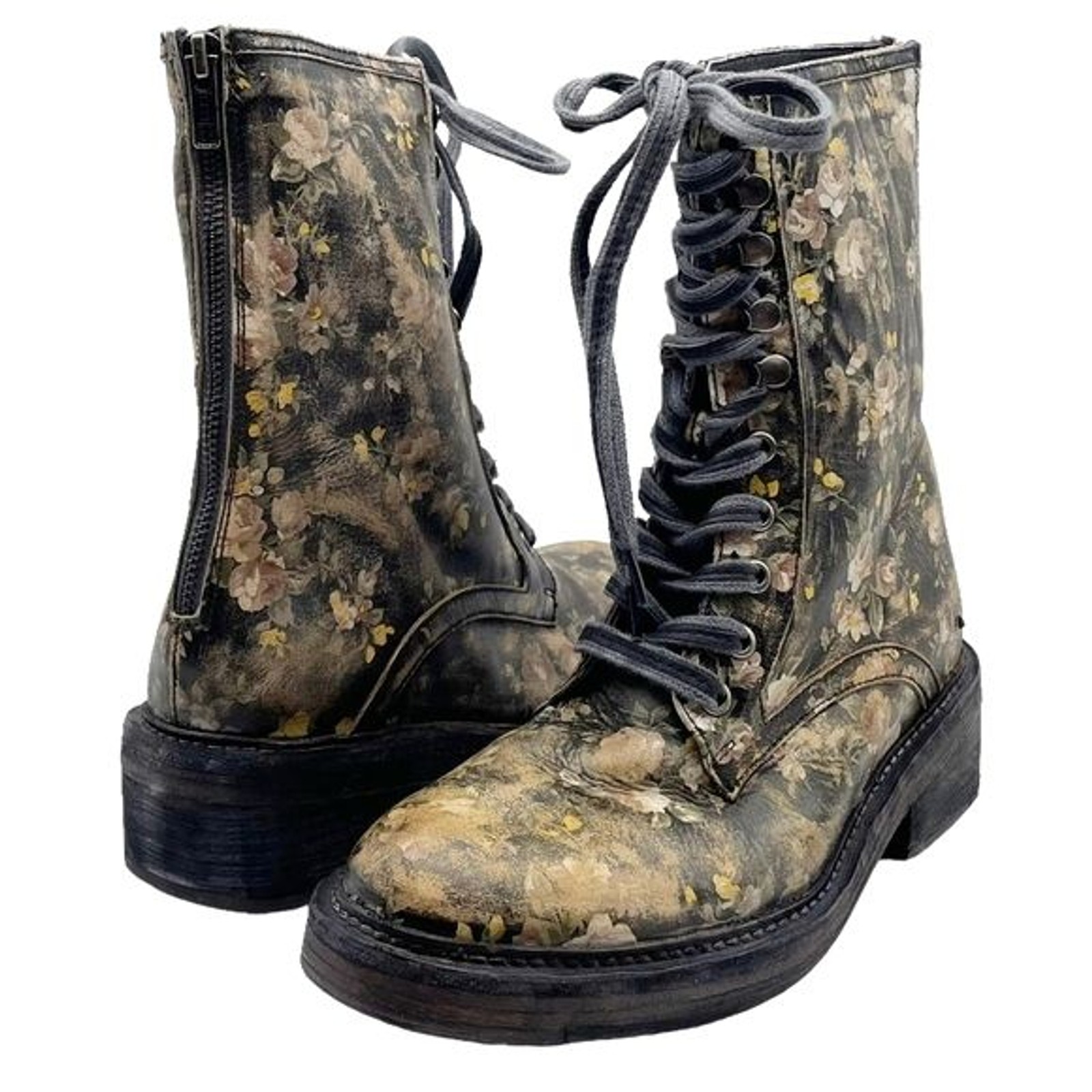 Free People Black Floral Leather Lace-Up Combat Boot Sz 8 Grunge Boho New In Box