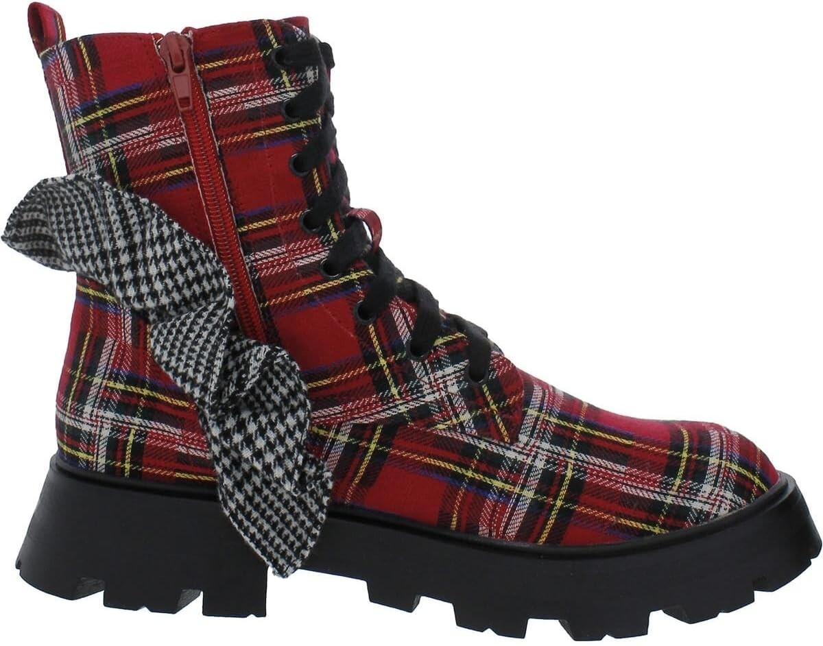 Betsey Johnson Rozey Womens Plaid Lug Sole Ankle Bootie Red Fabric ROZE01S559E0
