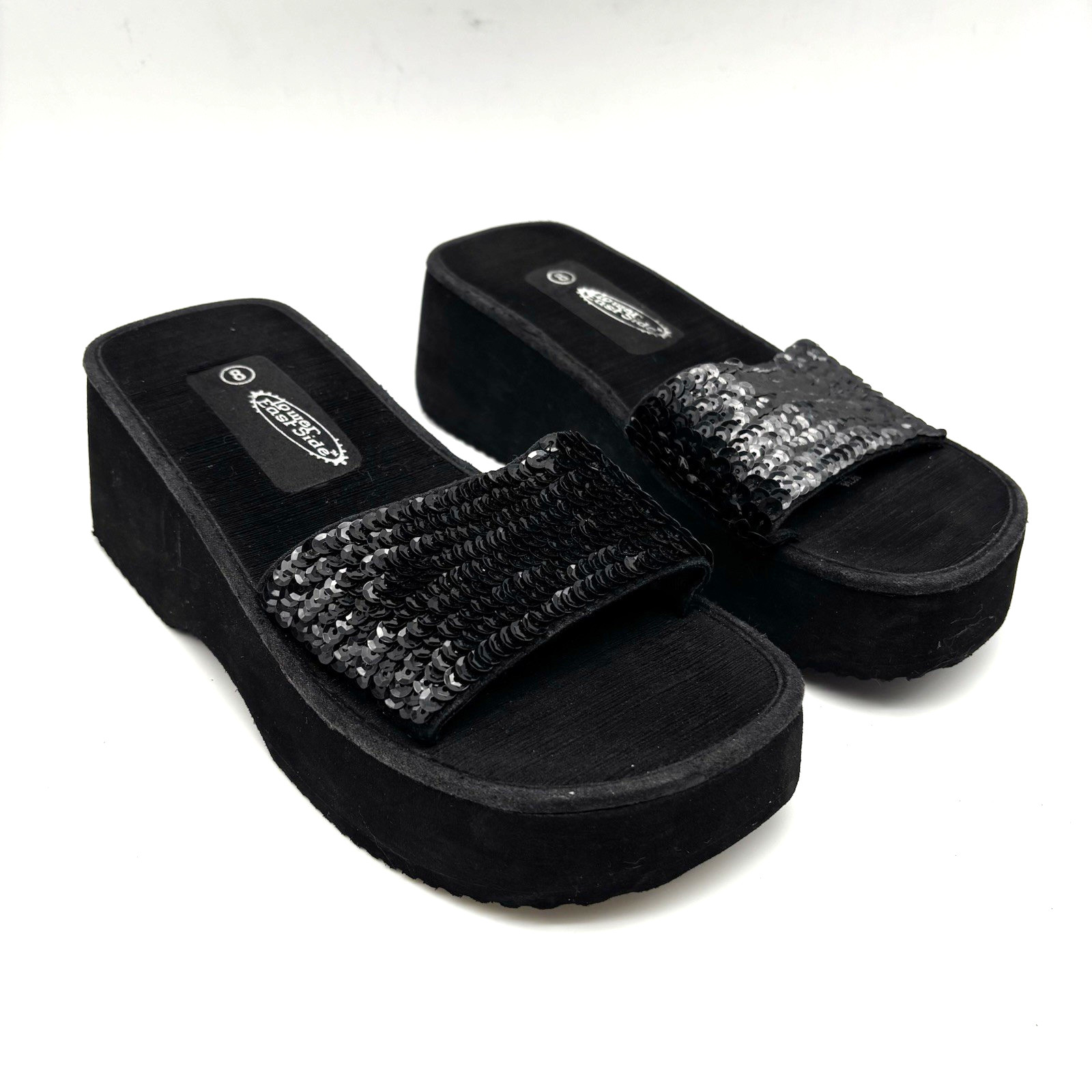 Vintage 90s Y2K Lower East Side 10706 Black Platform Sequin Strap Slide Sandal 8