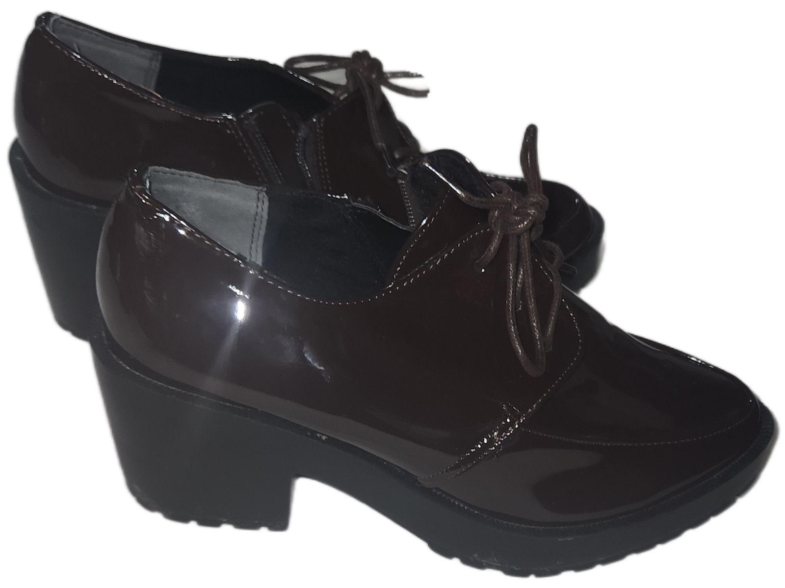 Women’s Brown Patent Look Lace-Up Dress Shoes W/ Side Zip Size 7