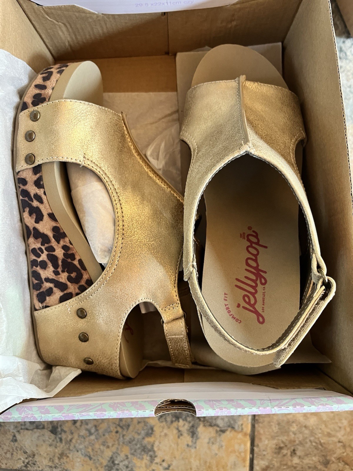 Jellypop Showcase Wedge Sandal Women’s 9M Metallic Gold/Leopard Print Open Toe