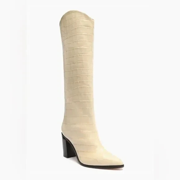 SEXY SCHUTZ Ivory/Creme Croc Embossed Leather Cowboy Knee High Boots Size 5b
