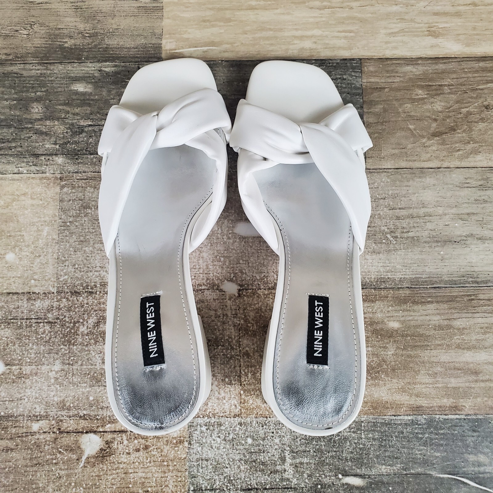 Nine West Gather 3 Womens Sandals Sz 9 M White Leather Square Toe Block Heel