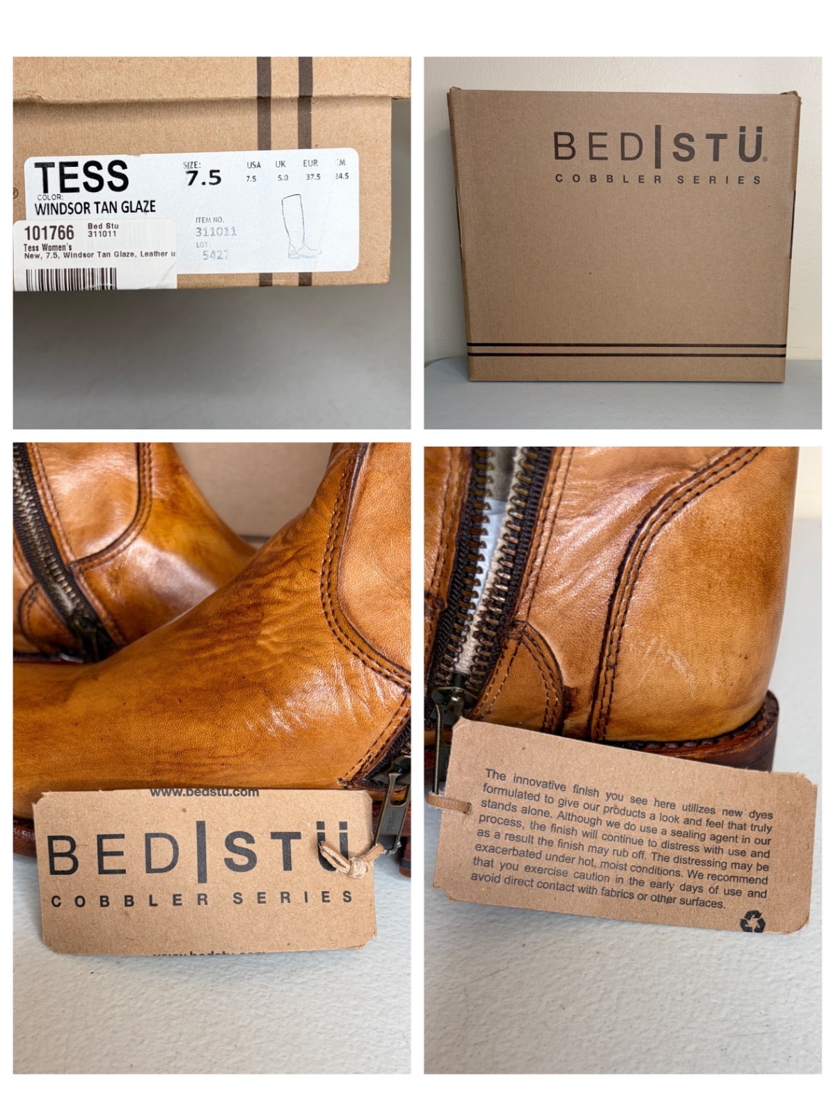 BED STU Tess Tan Distressed Leather Tall Riding Boots BedStu Size 7.5
