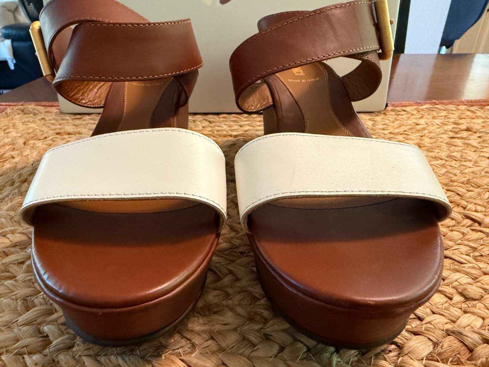 FENDI Two-tone Brown White Leather Platform Wedge Sandals Designer Clean 9/39