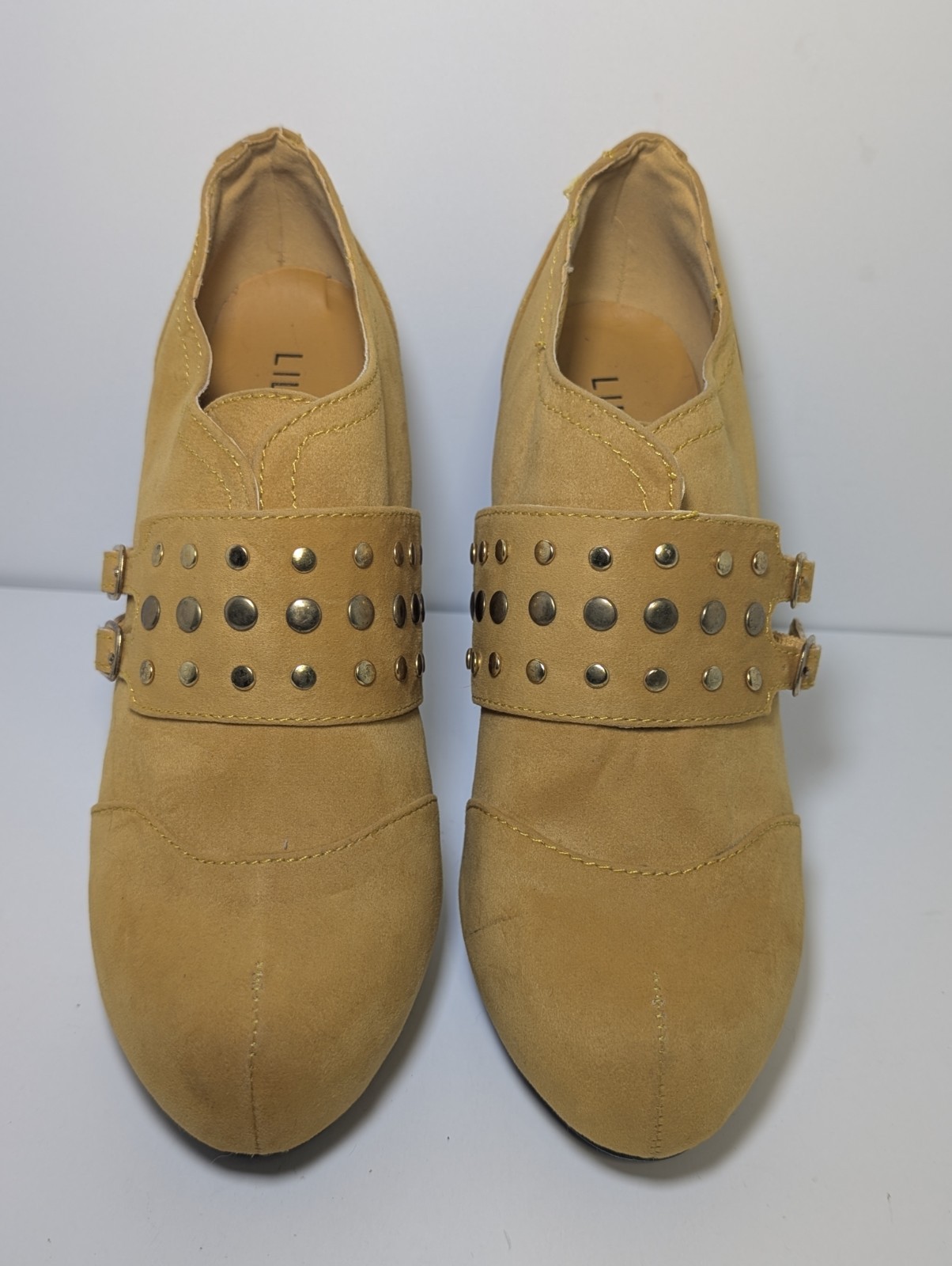 Liliana Mustard Yellow Suede Stiletto Booties Buckle Studded Ankle Shoes Size 8
