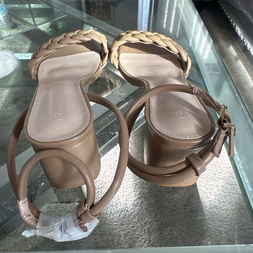 Women’s Beige Braided Strappy Block Heel Sandals Square Toe Ankle Strap 8.5