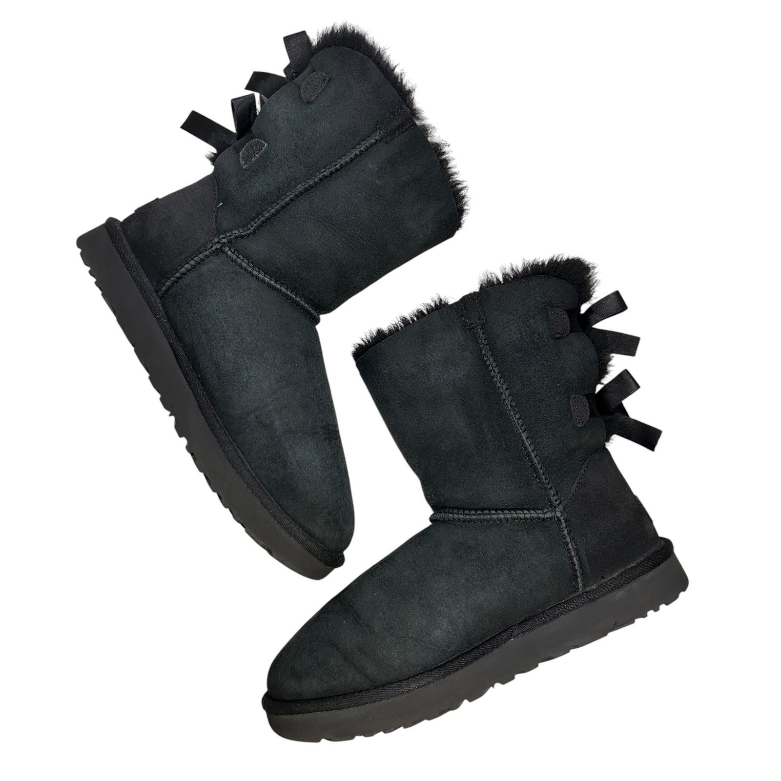 UGG Bailey Bow II Black Suede Triple Bow Winter Boots 1016225 Womens 8