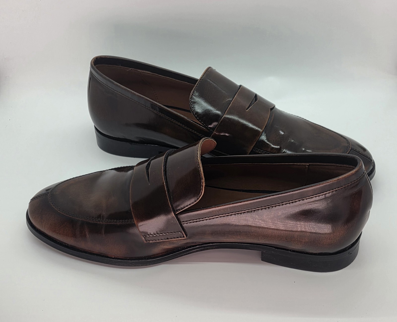 Anthroplogie Maeve Classic Brown Burnished Distressed Penny Leather Loafers 6.5