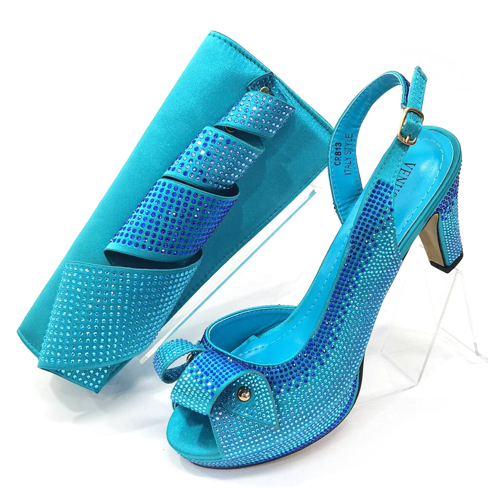 Italian Women Shoes and Bag Luxury Sandals Rhinestone Matching Heel 8.5 CM New
