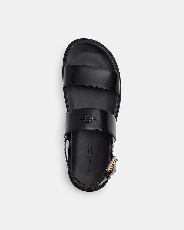 Coach Lockup Two Band Sandals Women’s Black Gold-tone Buckle Closure