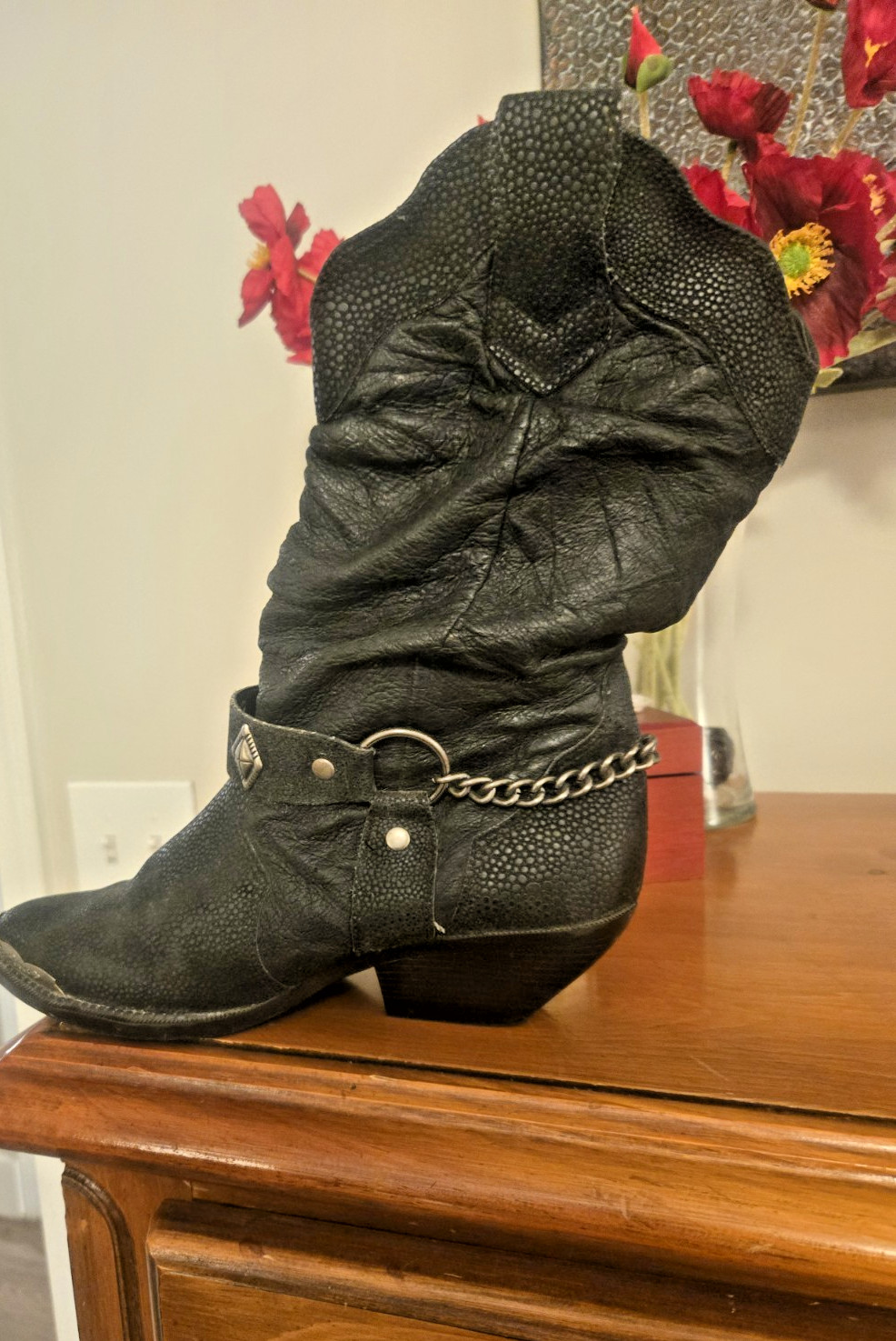 Black Slouchy Western Boots w/ Harness Strap and Metal Tip by Leather Collection