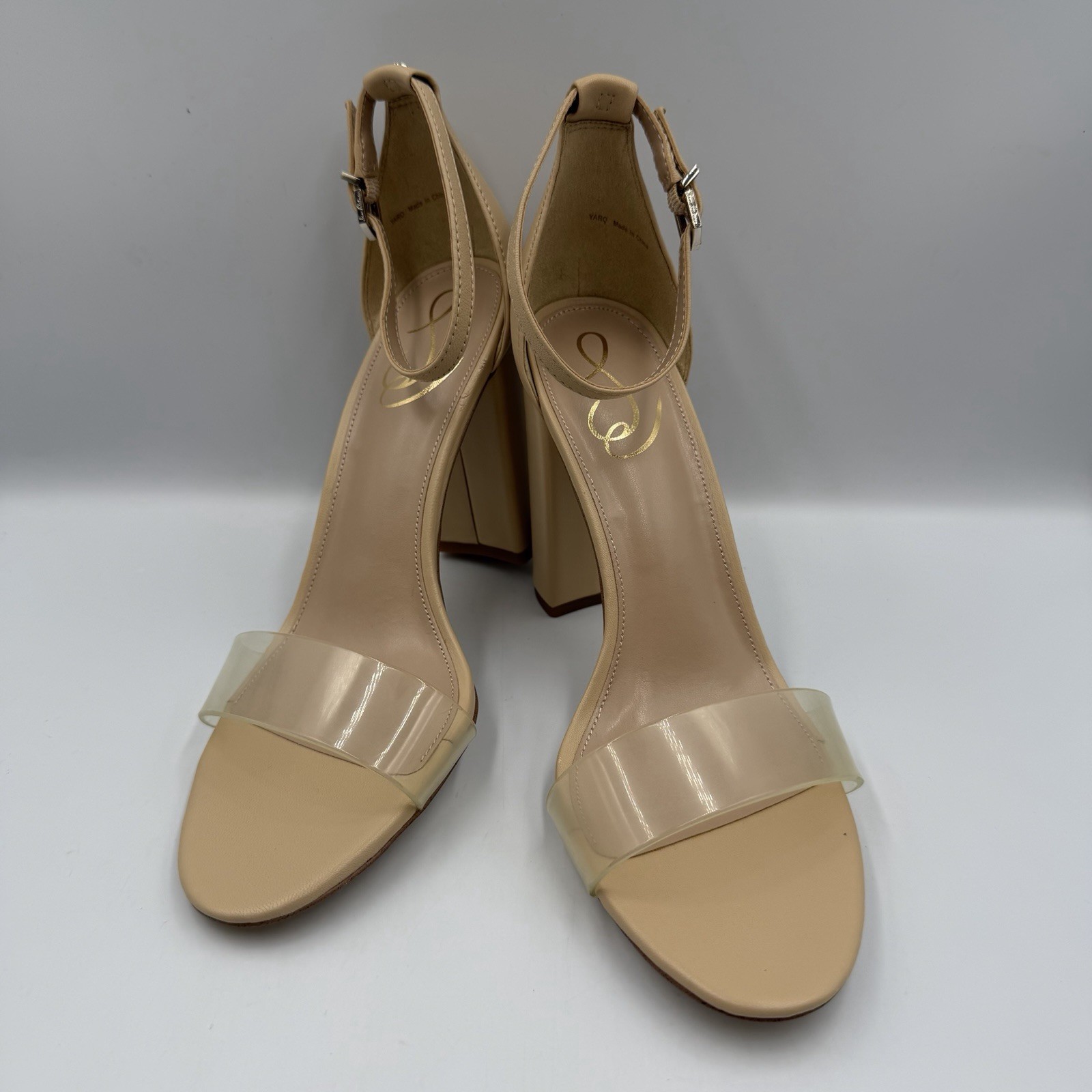 Sam Edelman Yaro Beige Leather Sandal Heel Womens 9.5 Ankle Strap Clear Upper