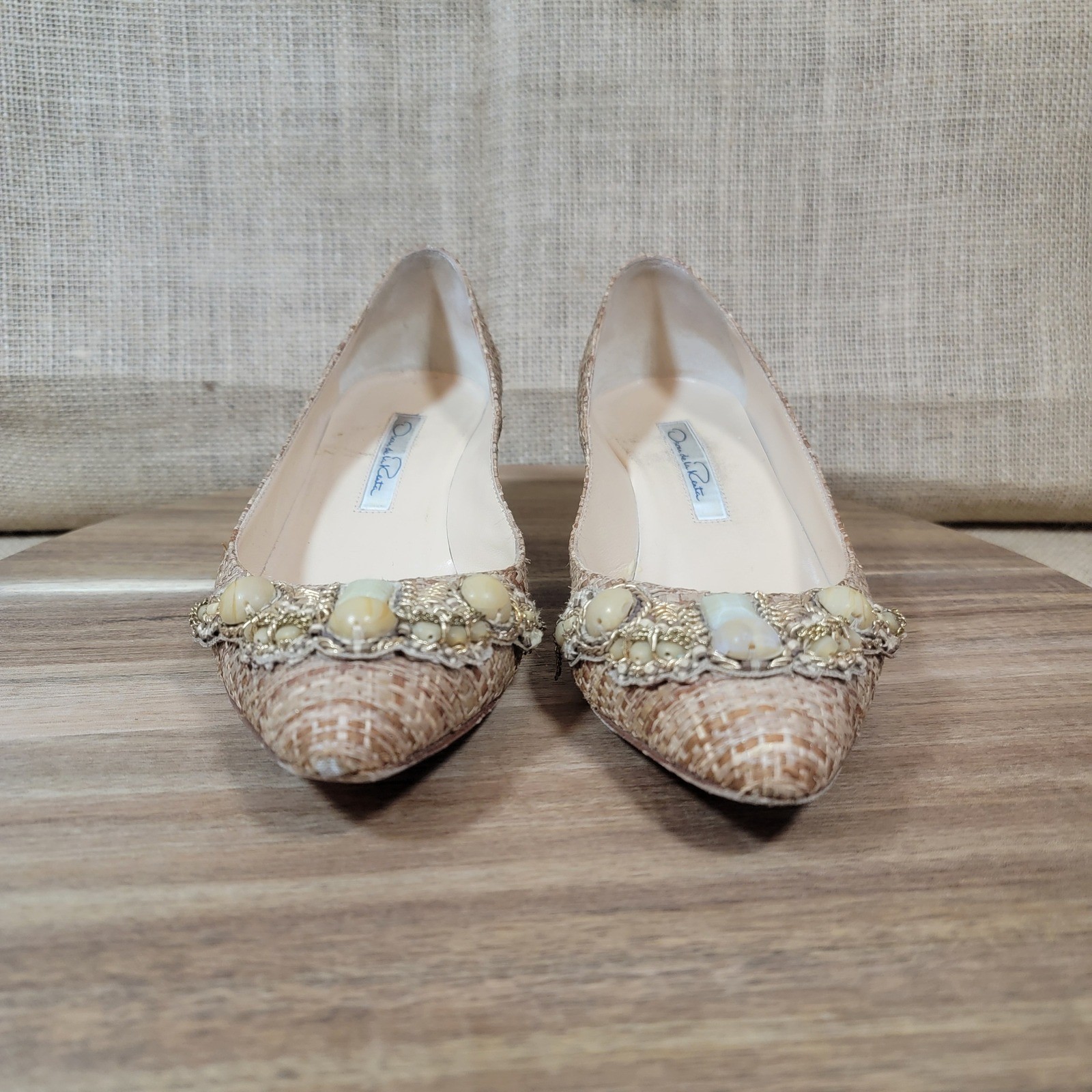 Oscar de la Renta Embellished Woven Kitten Heel Designer Shoes EU Size 35 US 5