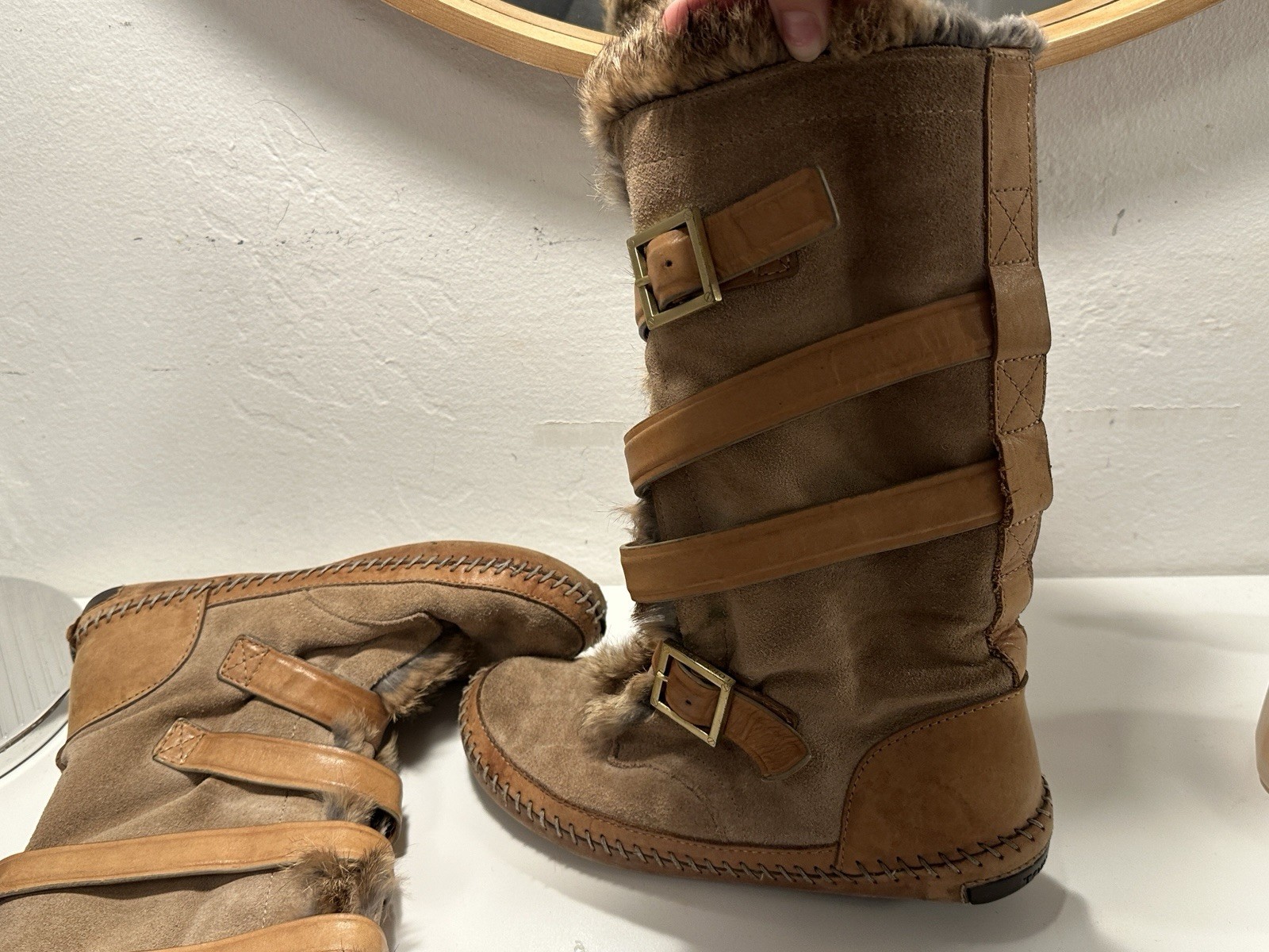 Tory Burch Women’s Brown Suede Fur Trim Mid-Calf Buckle Boots 6.5