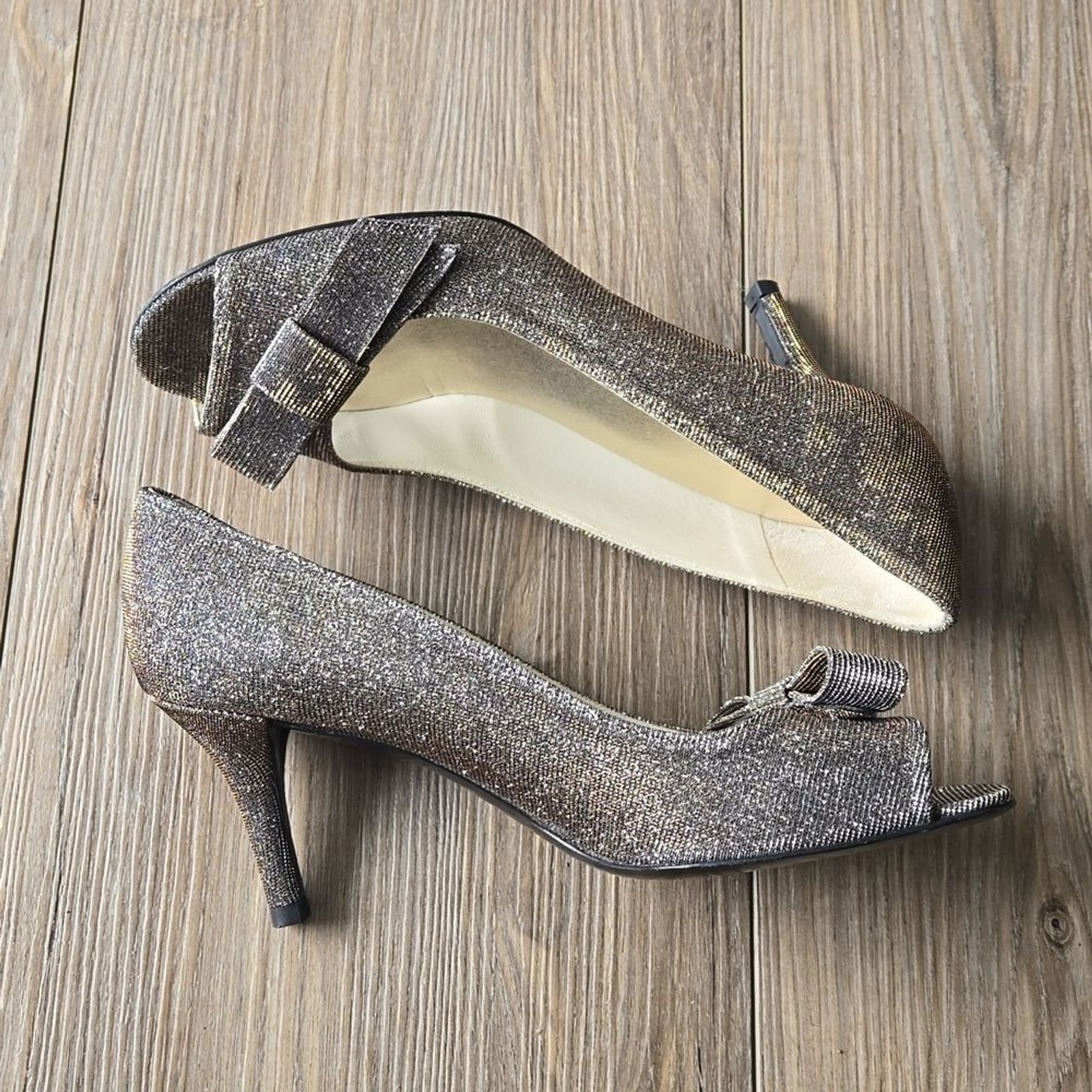 Stuart Weitzman Pyritr Bowover Two-Tone Silver and Gold Heels