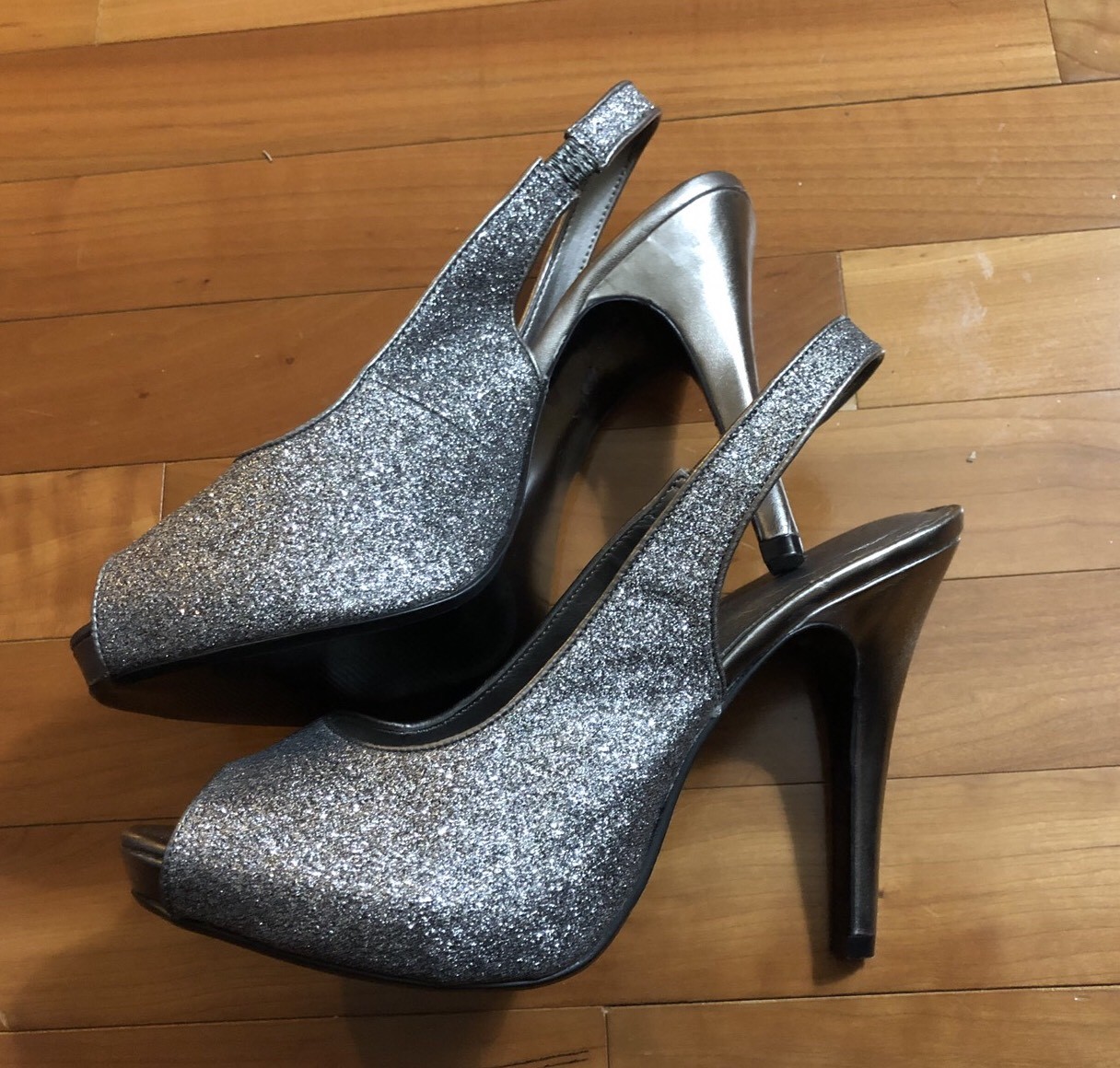 Lulu Townsend Dark Silver Glitter Open Toe Slingback Heels Size 8.5 Shoes