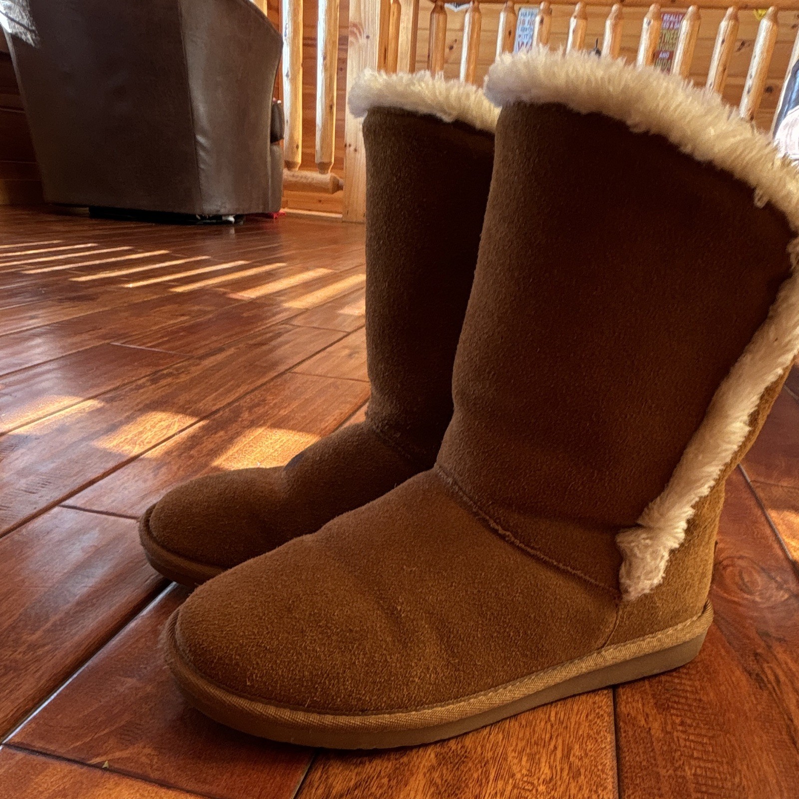 Minnetonka 85711 Brown Leather Faux Fur Lined Pull-On Mid-Calf Boots Womens 8M
