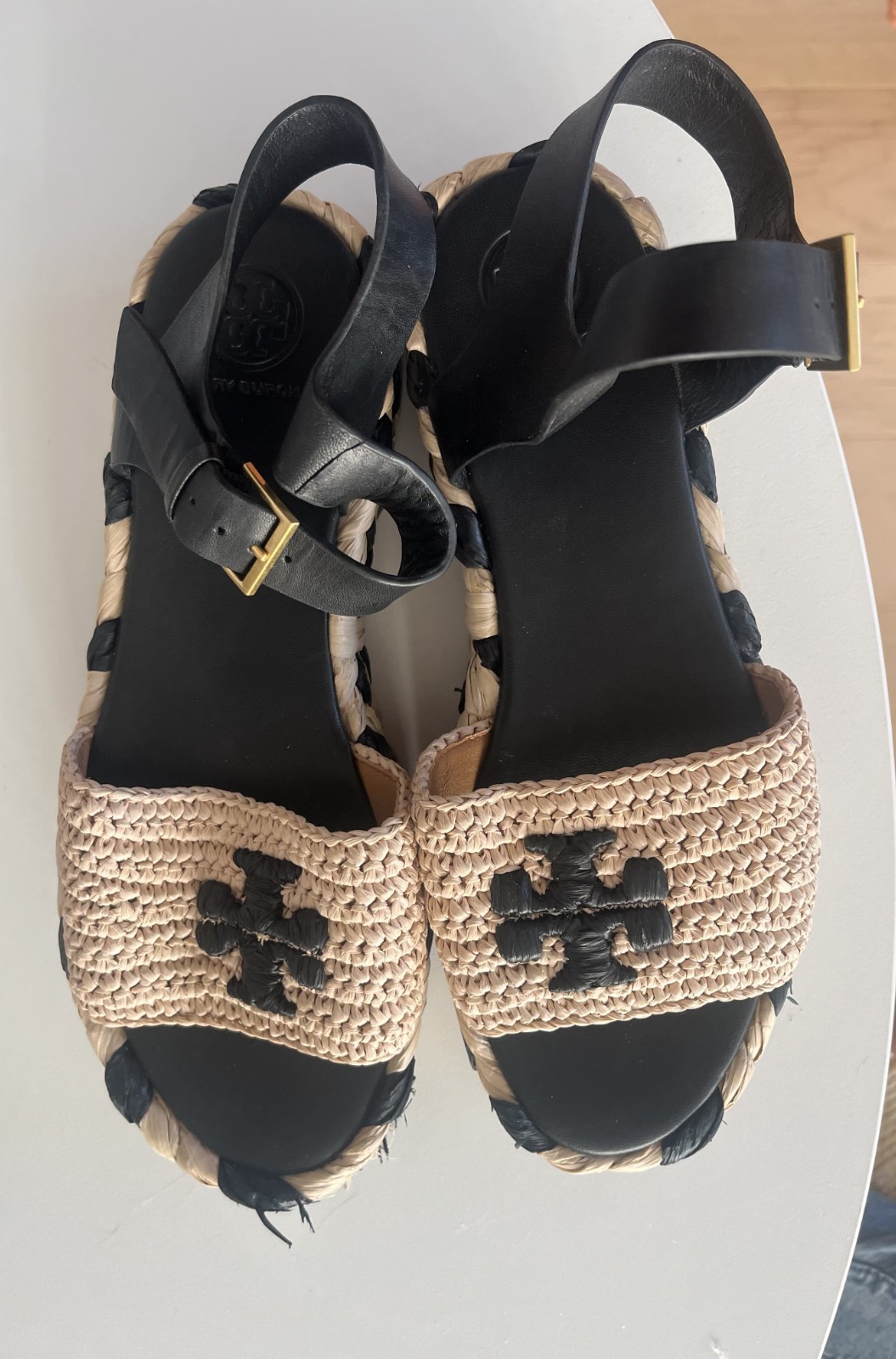 Almost New~Tory Burch Black/Natural Everly Woven Raffia Flatform Sandals Shoes~8