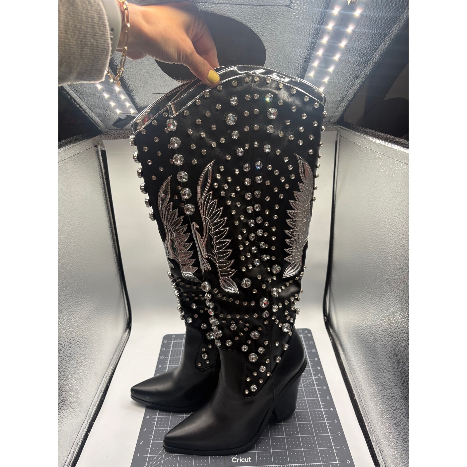 Black Rhinestone Studded Western Boots Silver Wing High Pointed Toe Block Heel