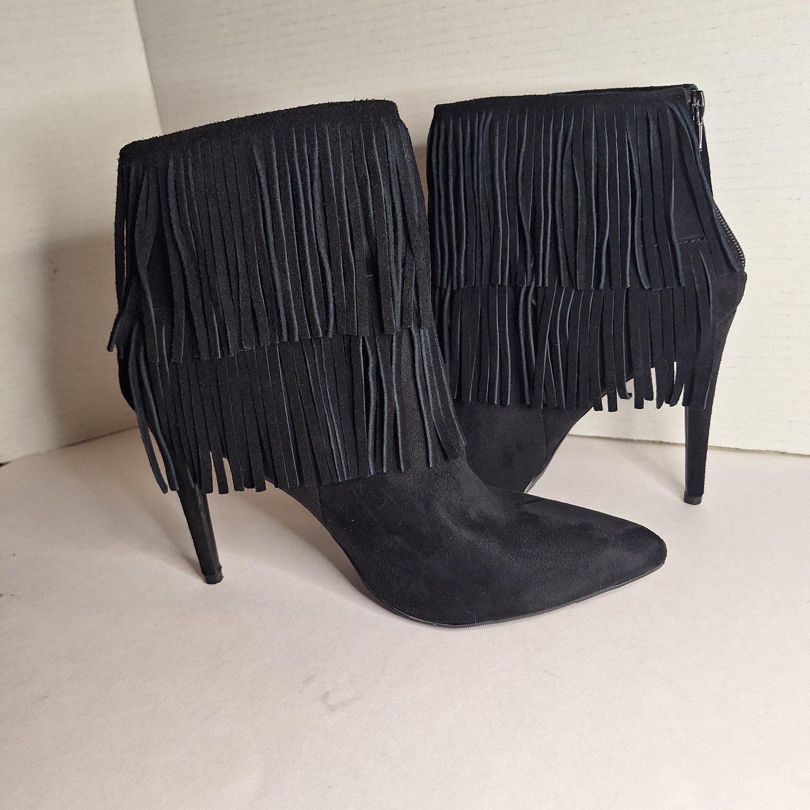 Just fab Ameelia Fringe Ankle Boots Black Size 10 Faux Suede Heel Zip Booties