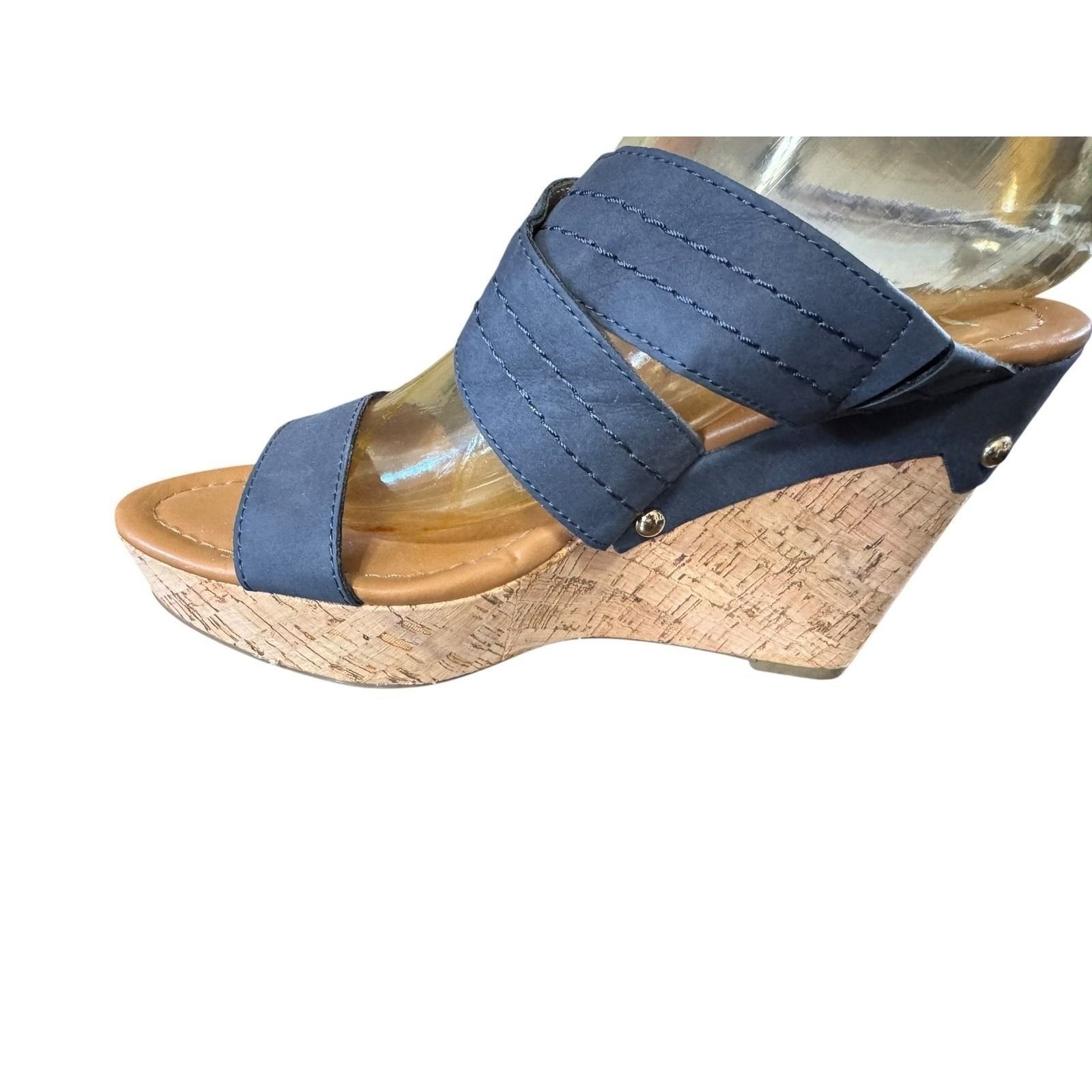 Tommy Hilfiger Womens Navy Blue Cork Wedge Sandals Gold Turn Lock Hardware 8M