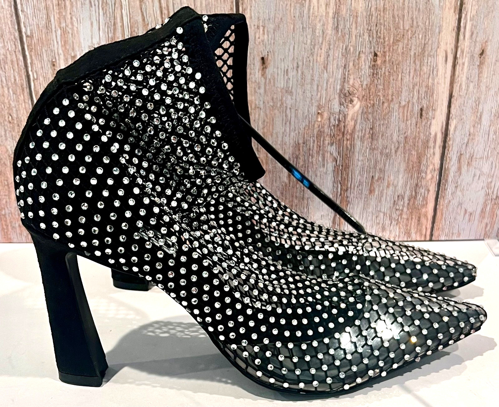 Steve Madden Saphina Sparkly Rhinestone Mesh Black Block Heel Ankle Boots Sz 9M