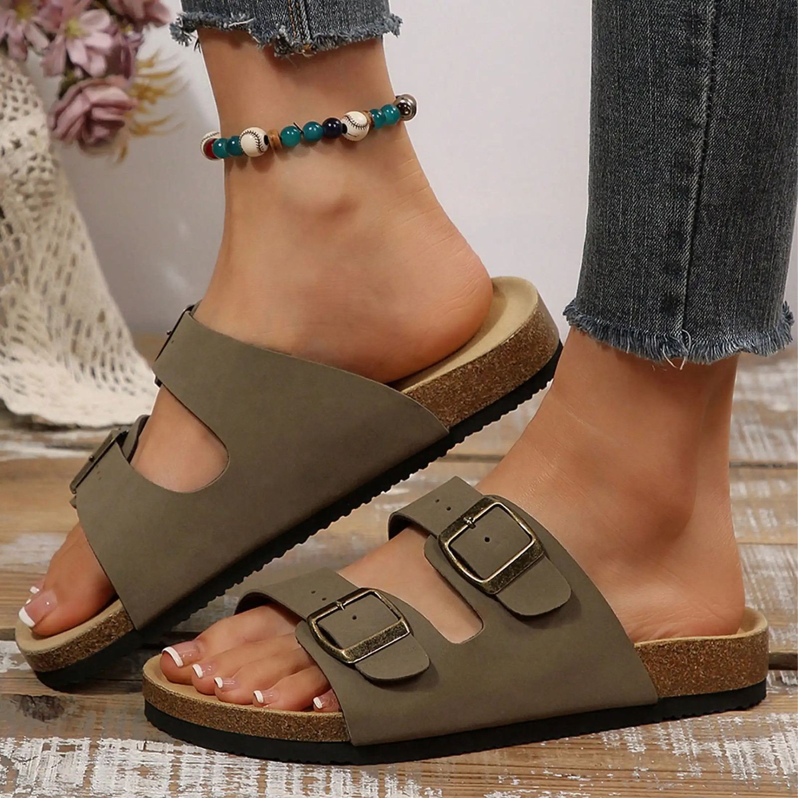 Womens Slide Sandals Flat Open Toe Double Strap Adjustable Buckle Summer Shoes