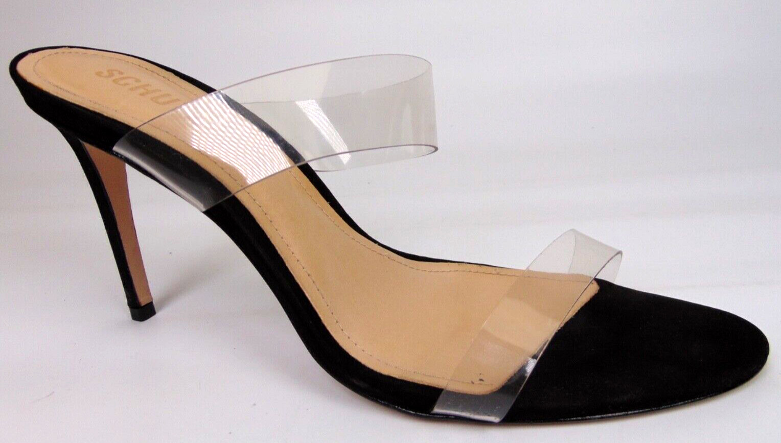 Schutz Womens Ariella Black Suede Slide Clear Heels Sandals Shoes Size 11.0 B,