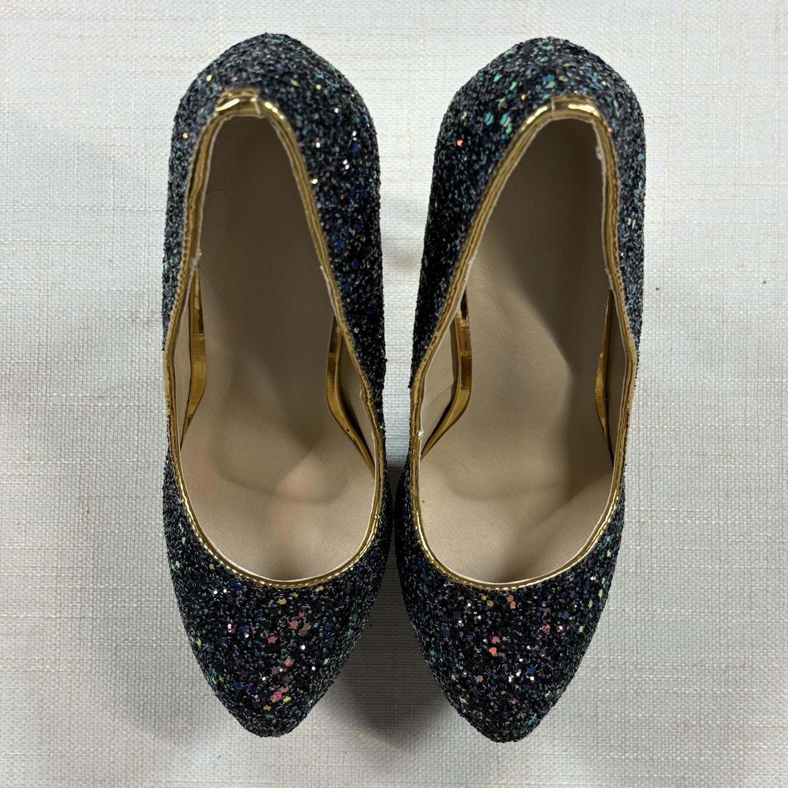 Black Glitter Platform Stiletto Heels Size 40 Gold High Heel Party Pumps