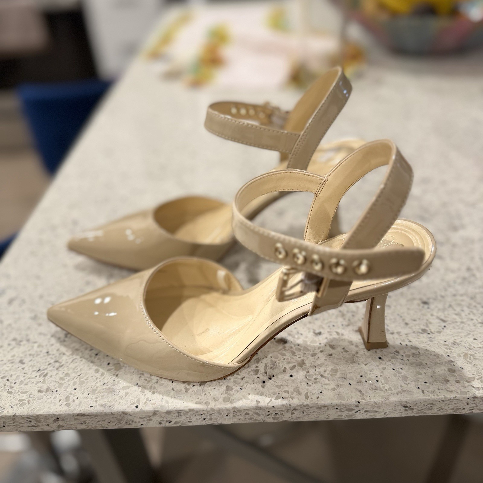 Jessica Simpson Beige Patent Leather Pointed Toe Slingback Buckle Heels 8.5
