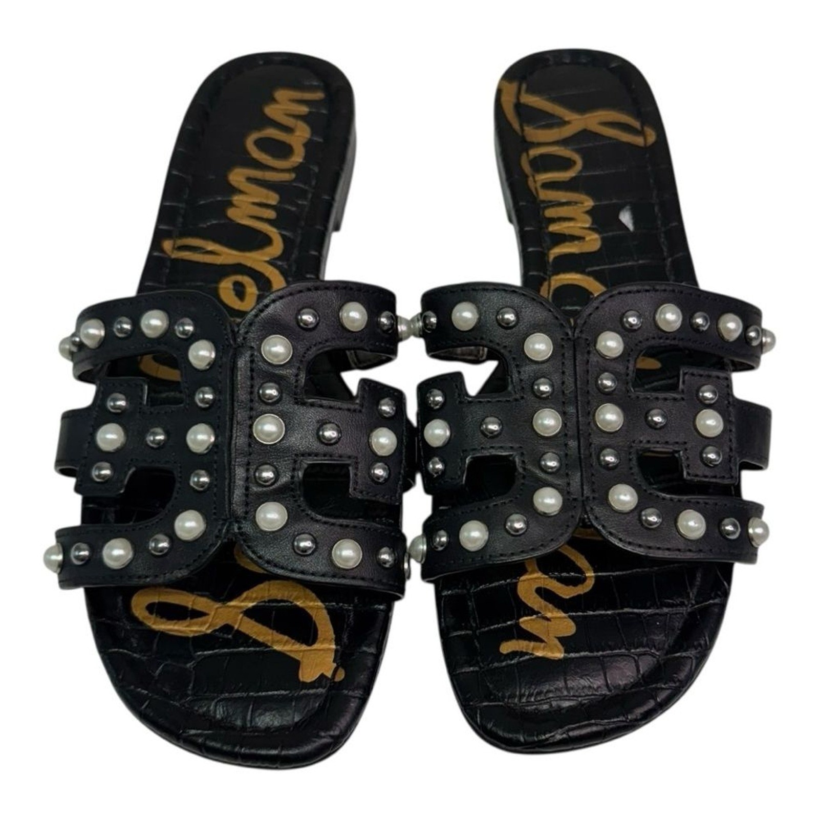 Sam Edelman Women Black Leather Studded Pearl Embellished Slide Sandals SZ 6.5