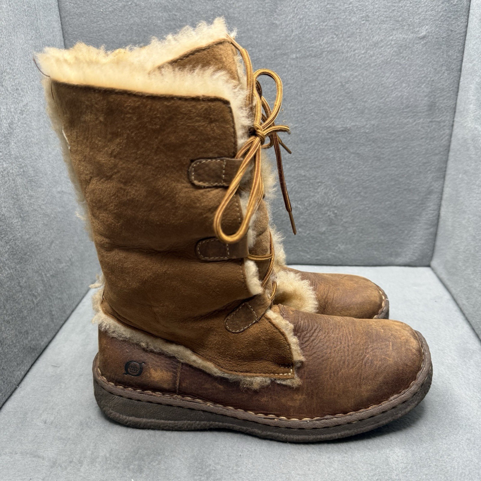 Born Yuma Women’s 6 Brown Leather Shearling Lined Lace-Up Mid-Calf Boots