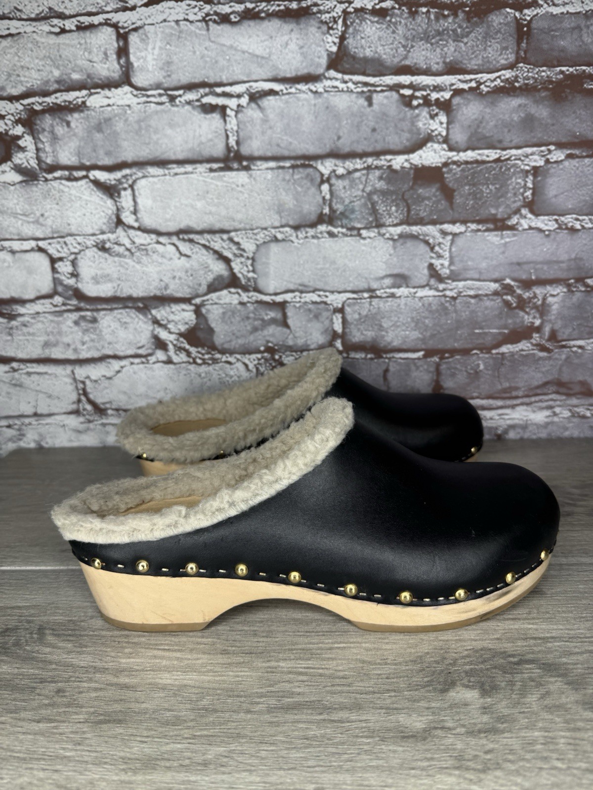 YouYou Sabot Wooden Black Leather French Clogs Slip On Fur Shoes Women 41EU/10.5