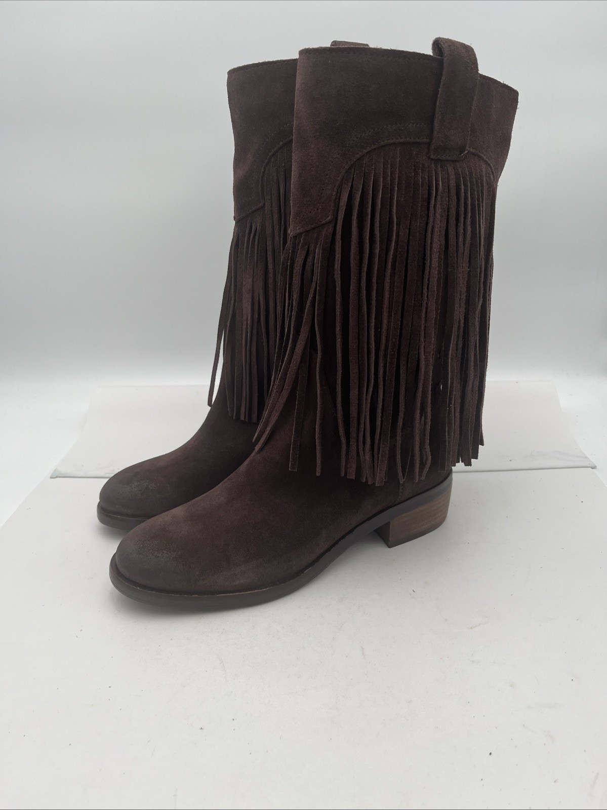 Lucky Brand Caleb Fringe Suede Boots Womens 9.5M Brown Western Bohemian Retro